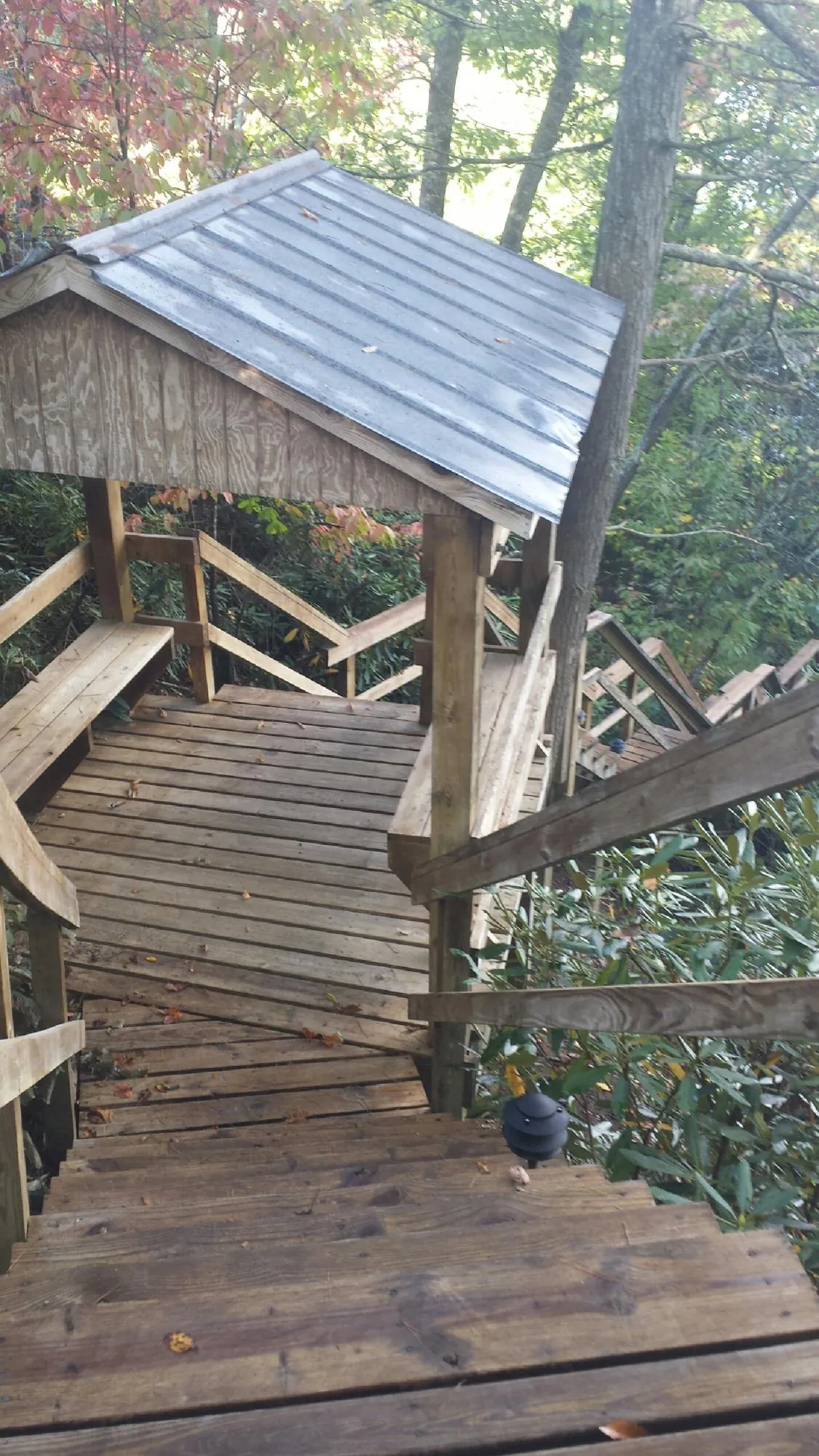 Metal roofed shelter over wooden steps on a wooded walkway — Skylight Repair & Installation work by our crew in Goodell